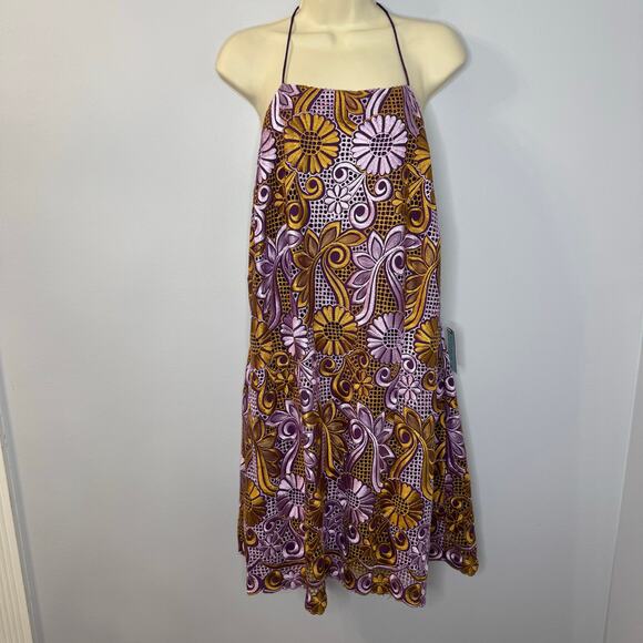 Anthropologie Embroidered Halter Mini Dress Purple Gold Women's 20W - Picture 2 of 14